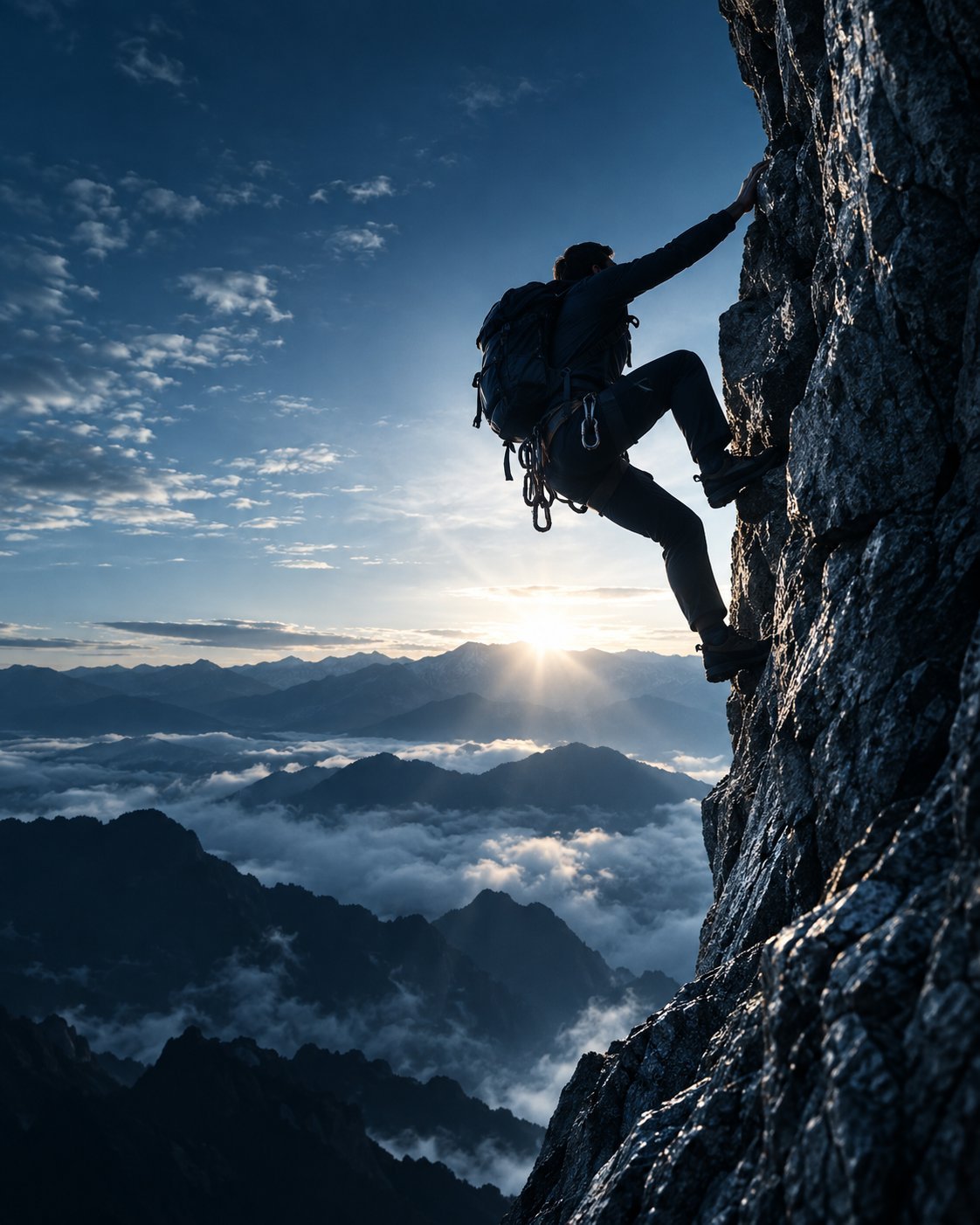 A climber scaling a steep rock face at sunrise, high above a sea of clouds and distant mountain ridges