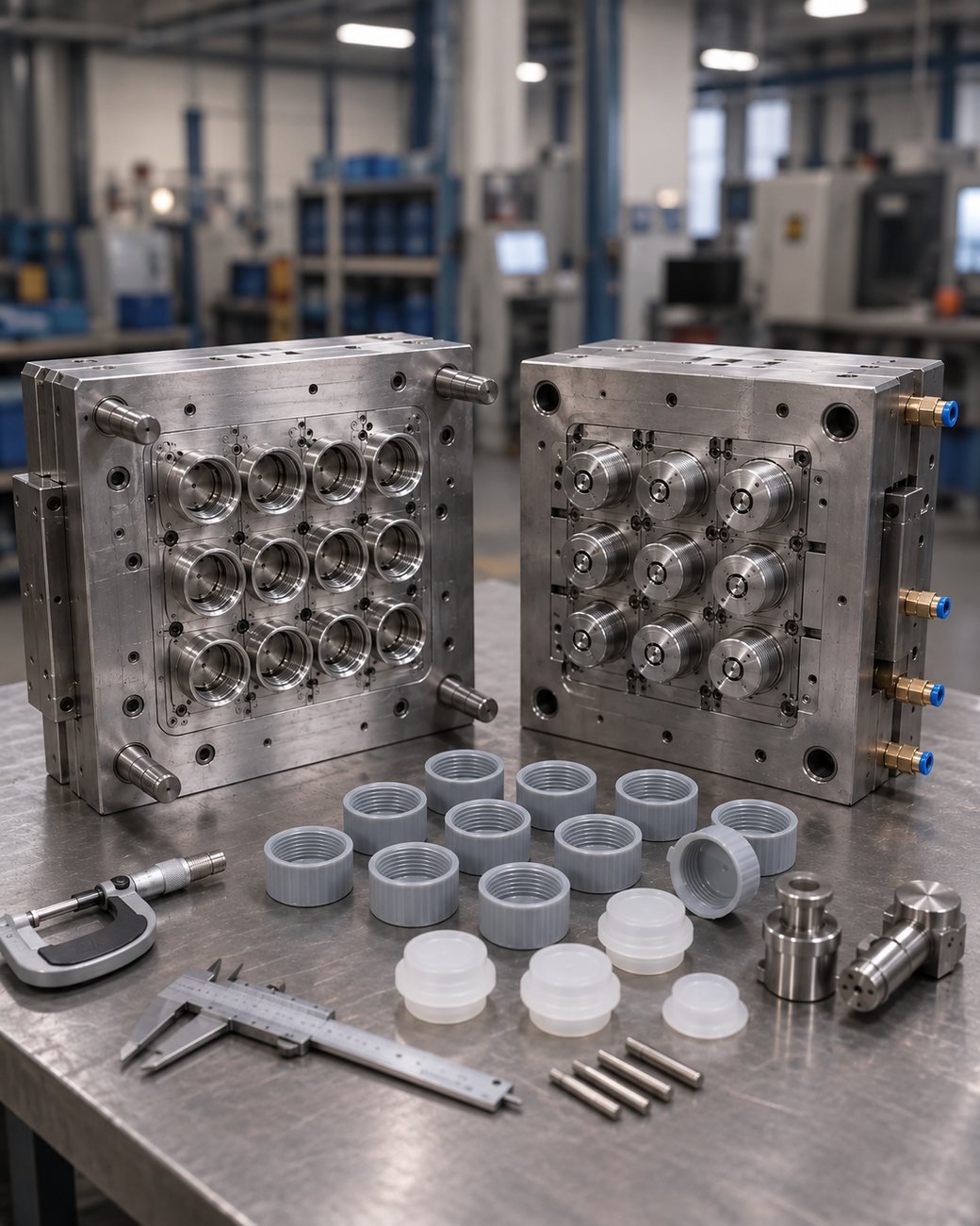 Precision mould tooling alongside finished caps, closures, and inspection instruments