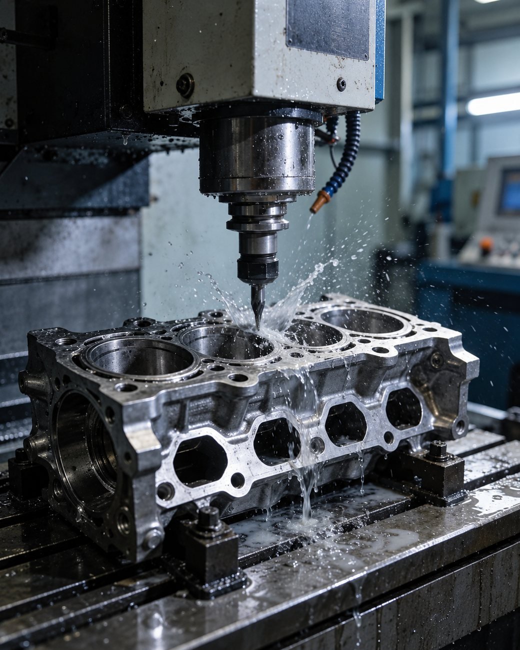 Precision CNC machining of a metal engine block component, coolant flowing over the cutting tool