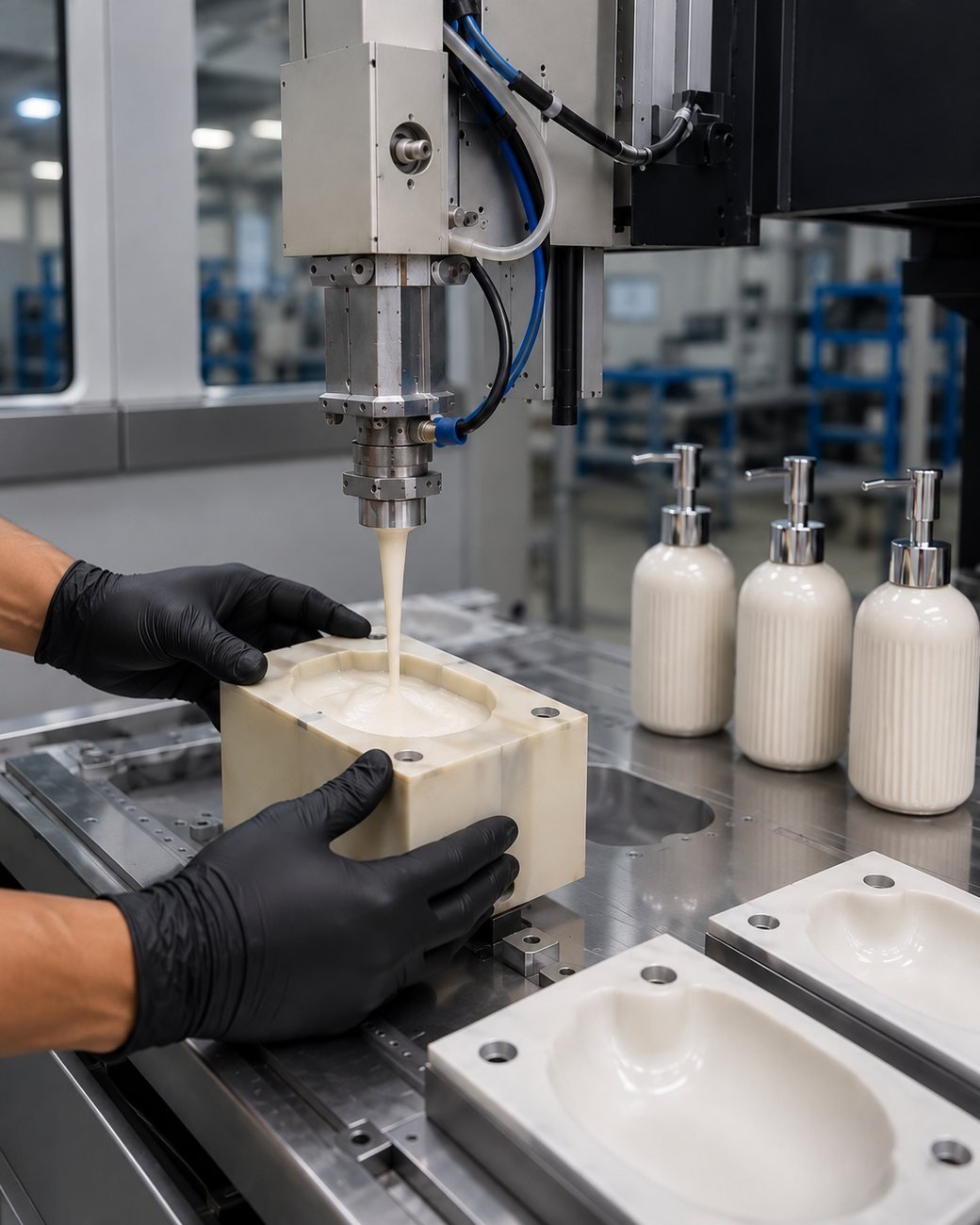 Mould dispensing liquid compound into a consumer product mould, with finished pump-bottle packaging alongside