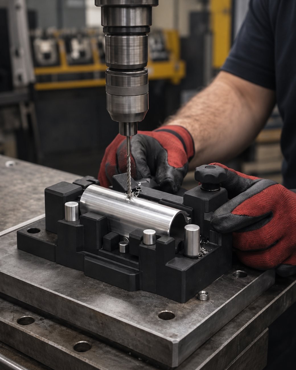 Precision drilling of a cylindrical metal component secured in a machining fixture